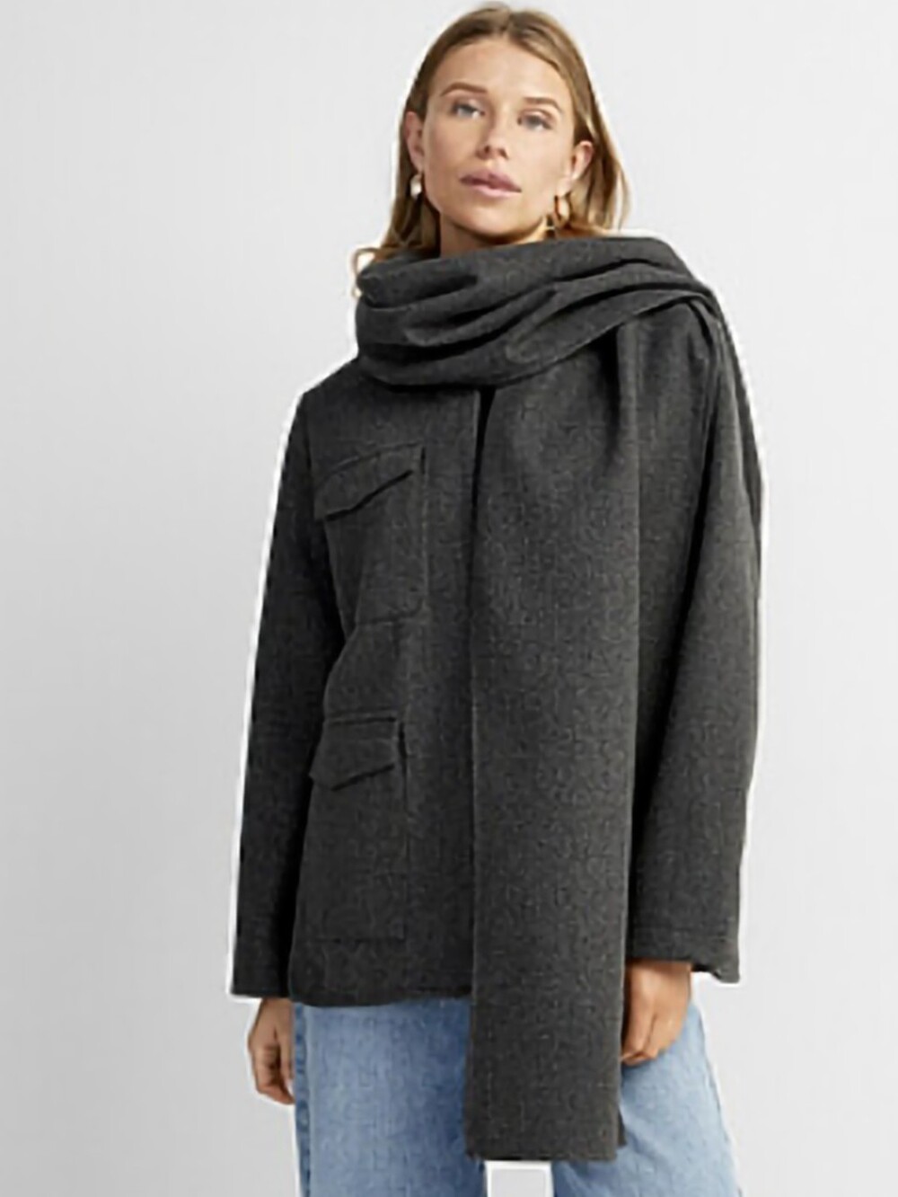 Vero Moda Cozy Contemporary Grey Felted Scoat (Detachable Scarf-Coat) (Size S)